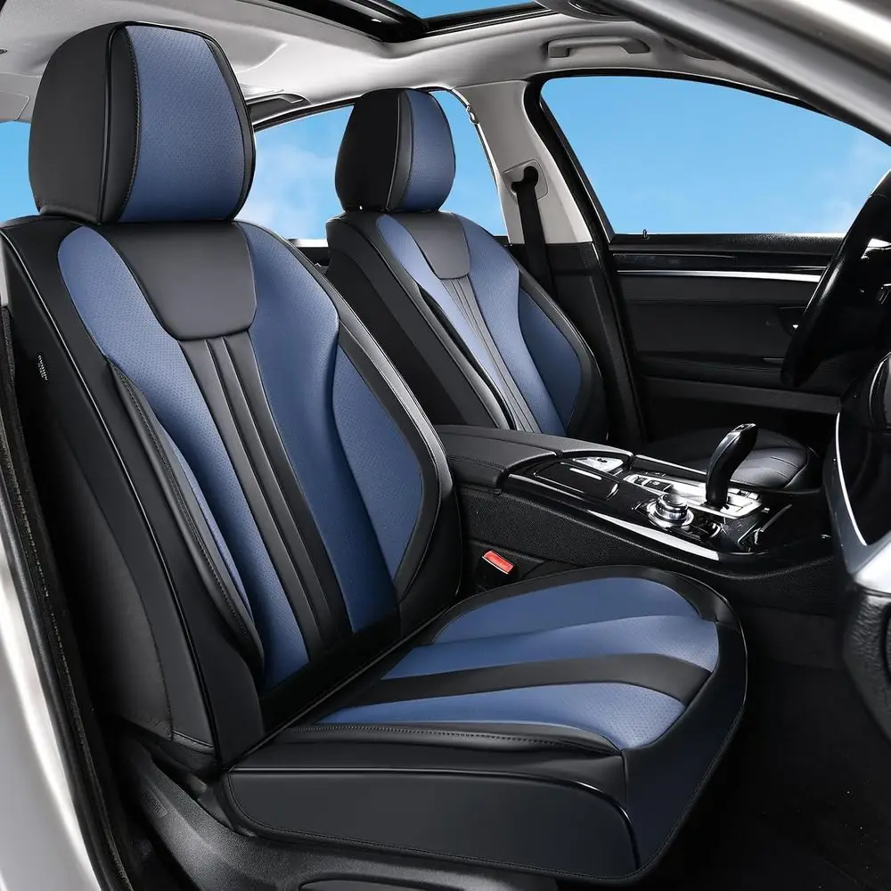 Waterproof Leather Car Seat Covers, Easy Install, Cup Holders, Scratch-Resistant for Family Trips, Black & Blue
