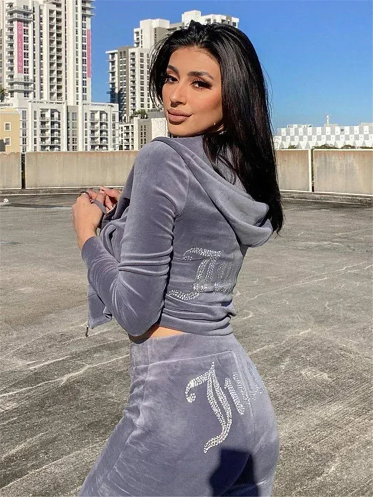 Two Piece Set Diamonds Hoodie Crop Jacket And Joggers Pants Outfits Streetwear Jogging Suits Juicy Corture Tracksuit