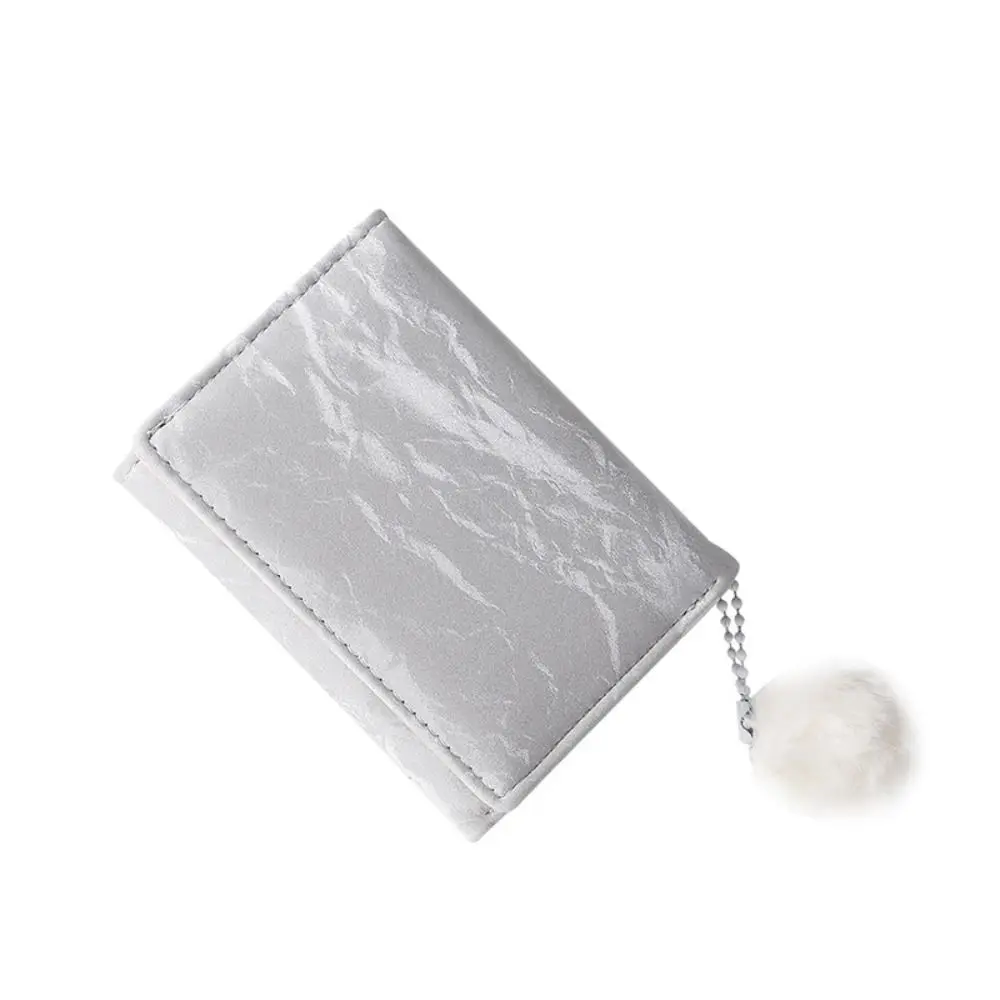 Cute PU Wallet Simple Plush Ball Short Clasp Card Case Solid Color Coin Purse Student