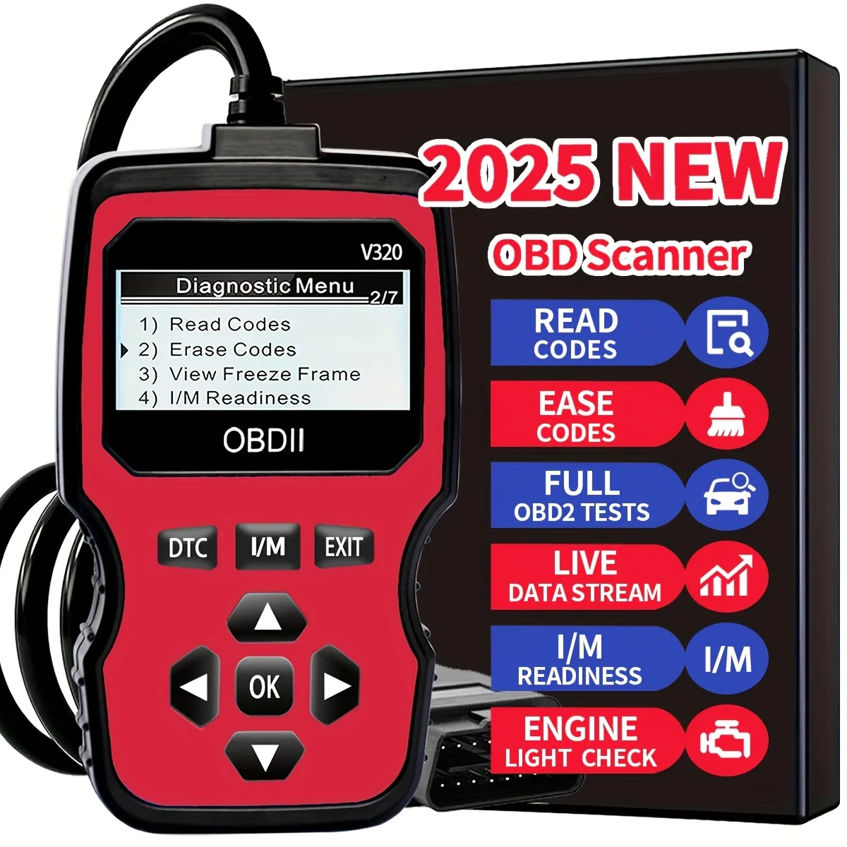 V320 Obd2 Scanner, Diagnostic Tool, Vehicle Health Monitor, Oxygen Test, Voltage, Data Stream, Vehicle Information, I/M Readiness, Suitable for Cars and Trucks from 1996 Onwards, No Battery Required
