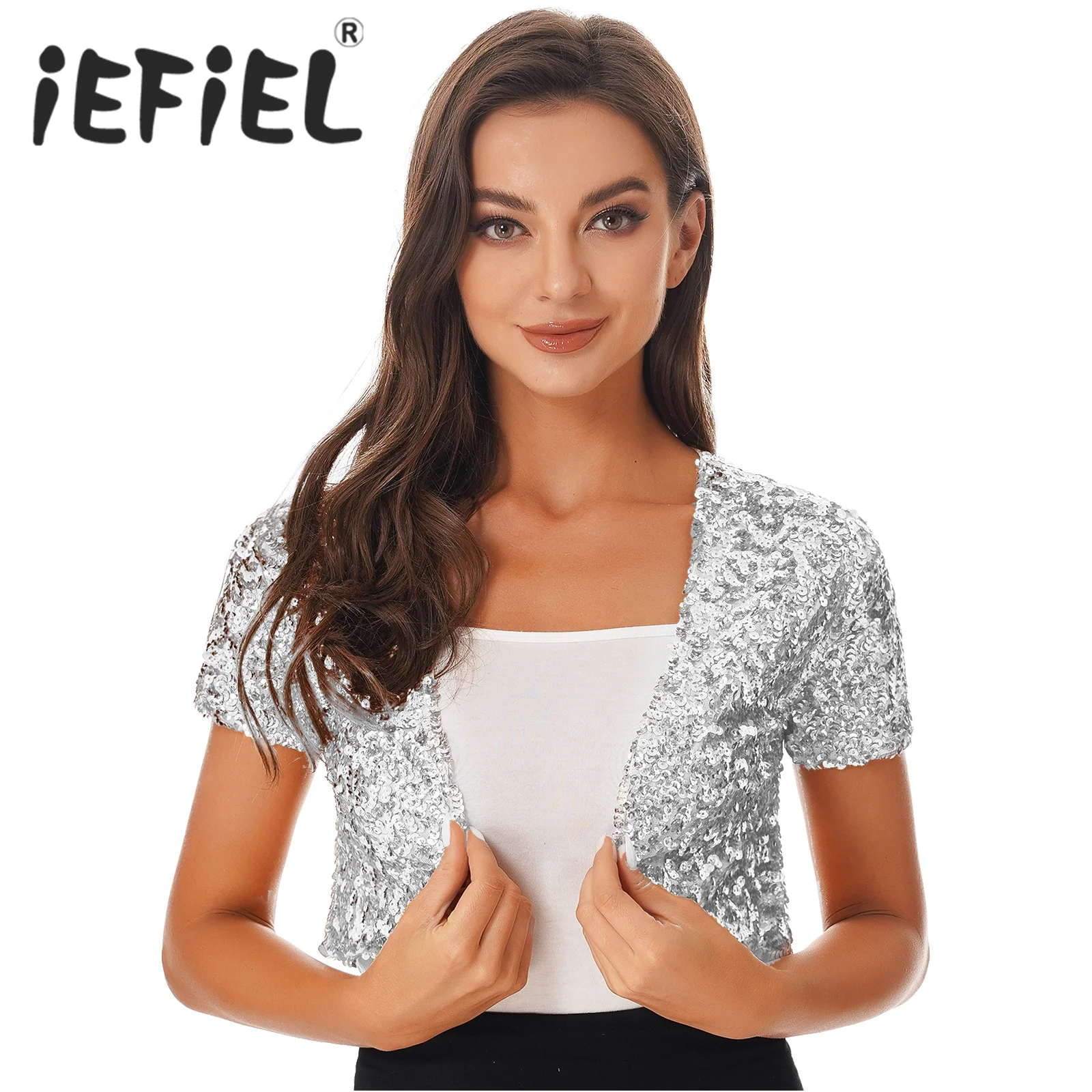 

Womens Short Sleeve Cropped Coat Shiny Sequins Bolero Shrug Cardigan Jacket Outwear for Retro Party Dance Wear Stage Performance