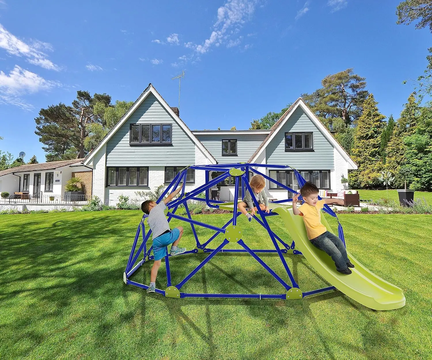 Dome with Slide, Toddler's Indoor/Outdoor Geodesic Climber, 8FT Climbing Frame Structural Steel, Children's Playground Equipment