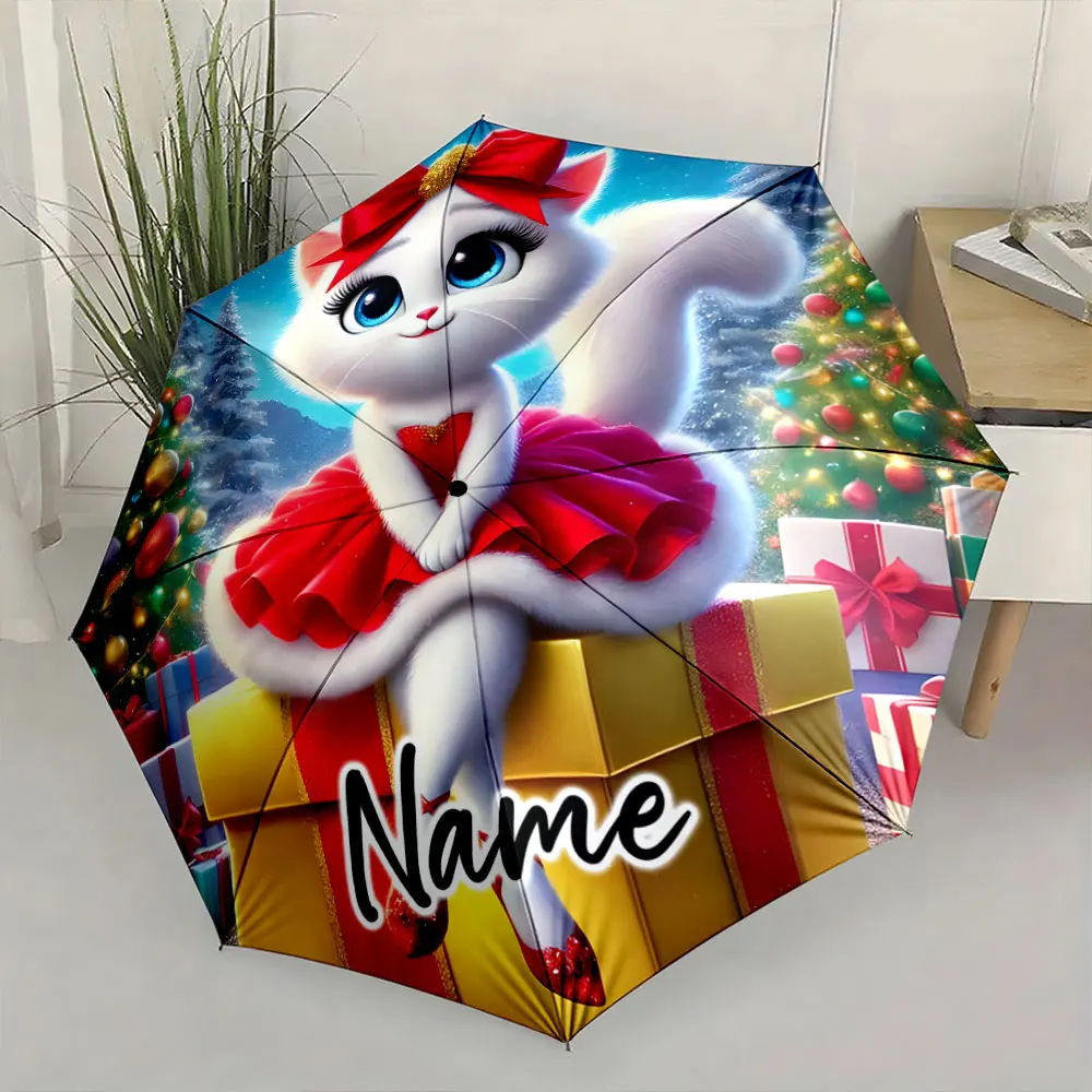 Custom Name  Elegant festive umbrella featuring a cat in a red dress 8 Iron Ribs Folding Umbrella Auto-Open Fashion Sunshade