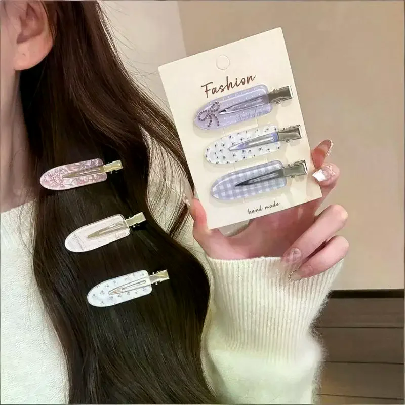 3Pcs Early Spring Girls Heart Rhinestone Plaid No‑Trace Hair Clips, Sweet Polka Dot Bow Bangs Side Hair Pins Hair Accessories