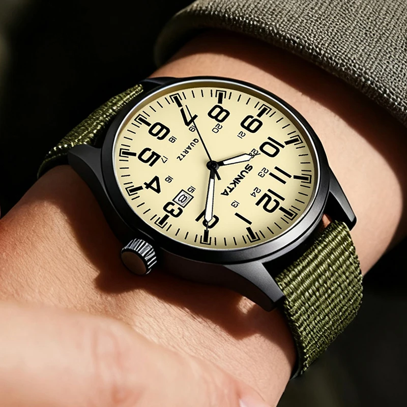 SUNKTA جديد ساعات المعصم الرجالية الكوارتز موضة الأسبوع العسكري تاريخ ساعة الرجال النايلون مقاوم للماء مضيئة كرونوغراف Montre أوم + صندوق #5