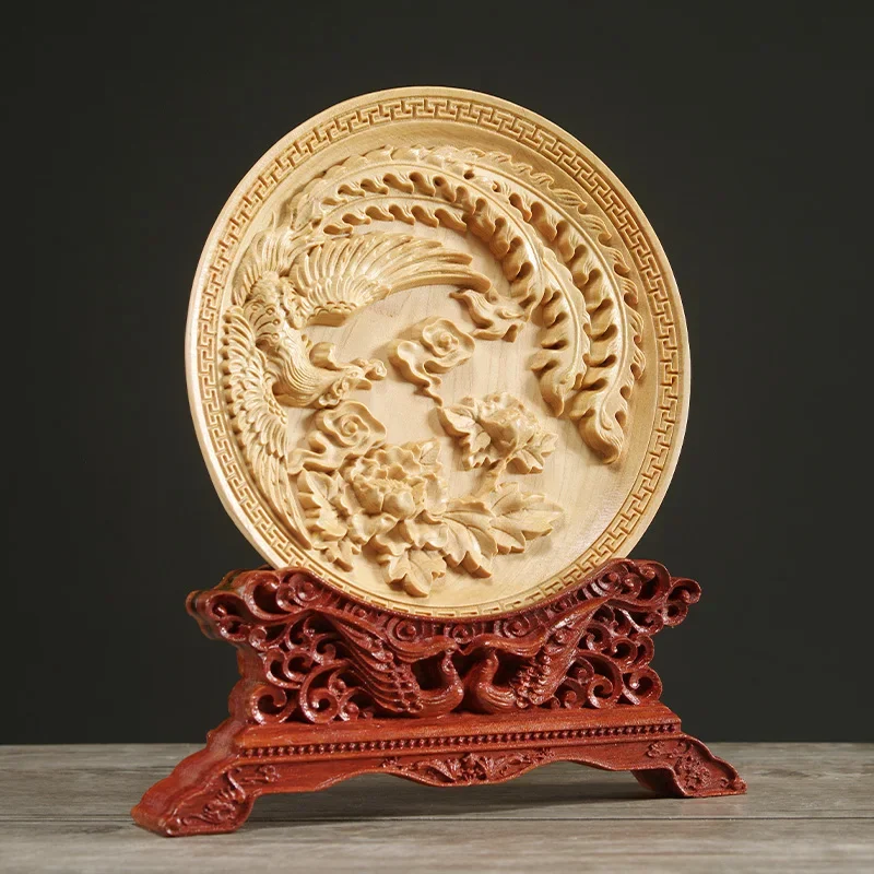 Natural Thuja Wood 14CM Decorative Dish Sculpture Boat Wood Wealth Carving Lucky Gift Collection Dragon Phoenix Home Decor