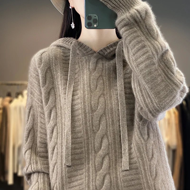 Herbst/Winter neuer Pullover aus 100 % Merinowolle und Kaschmir mit Kapuze. Halb-Rollkragenpullover für Damen mit warmem Boden und gestricktem Hemdoberteil