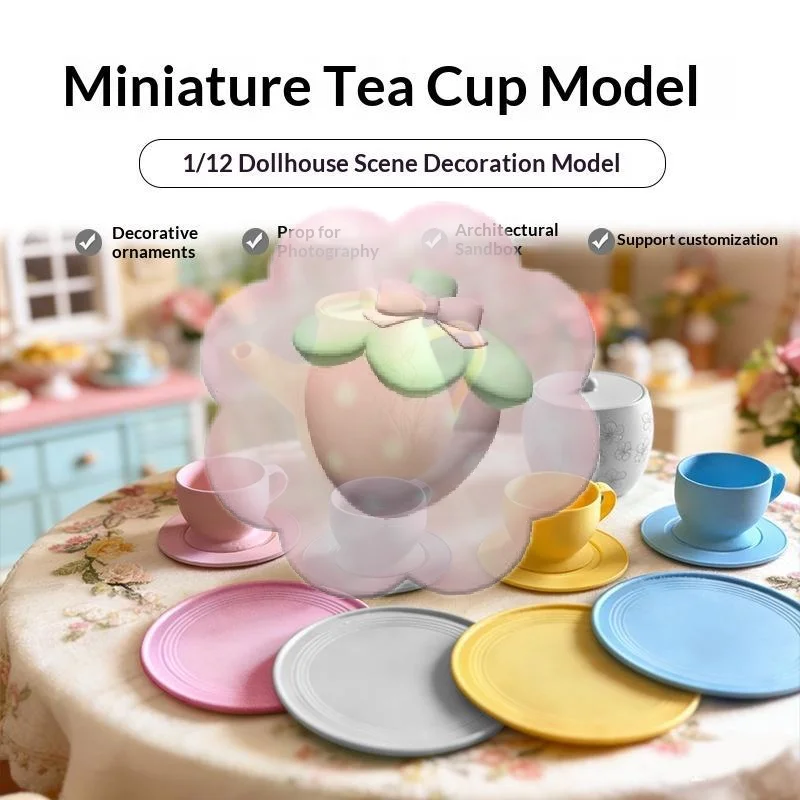 New 1/12 Dollhouse Miniature Tea Set Bright Pastel Colors Custom Design for Mini Home Decor Hobbyists Collection Gift