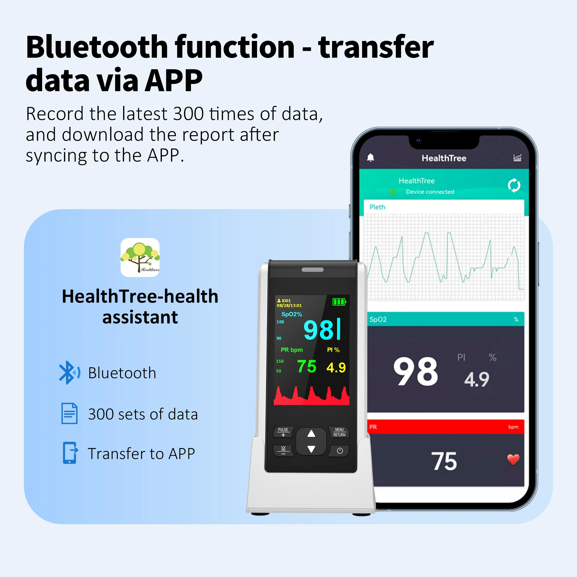 HealthTree Medical Handheld Pulse Oximeter Bluetooth APP Control Oximetry Blood Oxygen Heart Rate Monitor Child Adult Neonatal