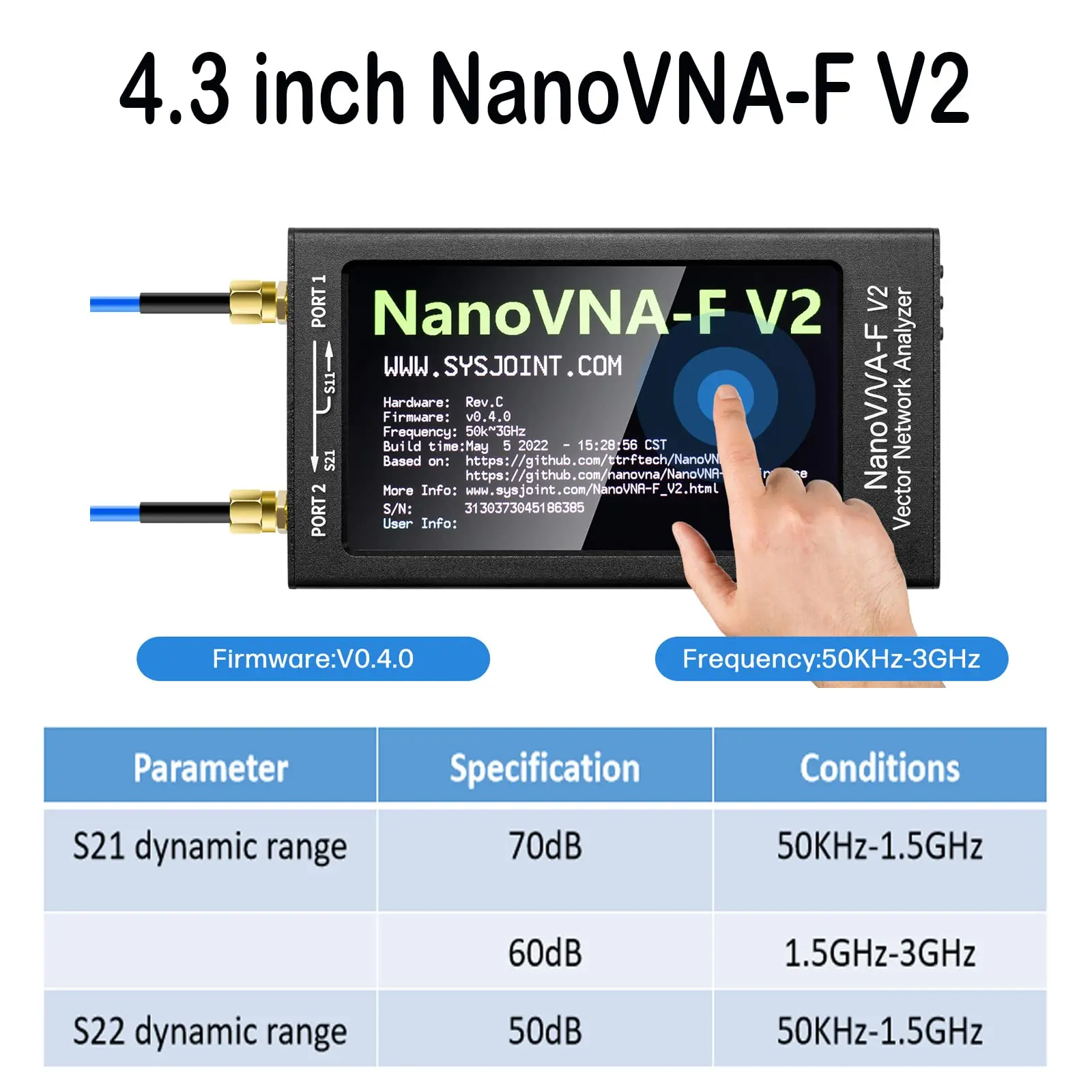 

Векторный анализатор сети HTOOL NanoVNA-F V2, 4,3 дюйма, 50 кГц-3 ГГц, портативный анализатор HF, VHF, UHF, точки сканирования