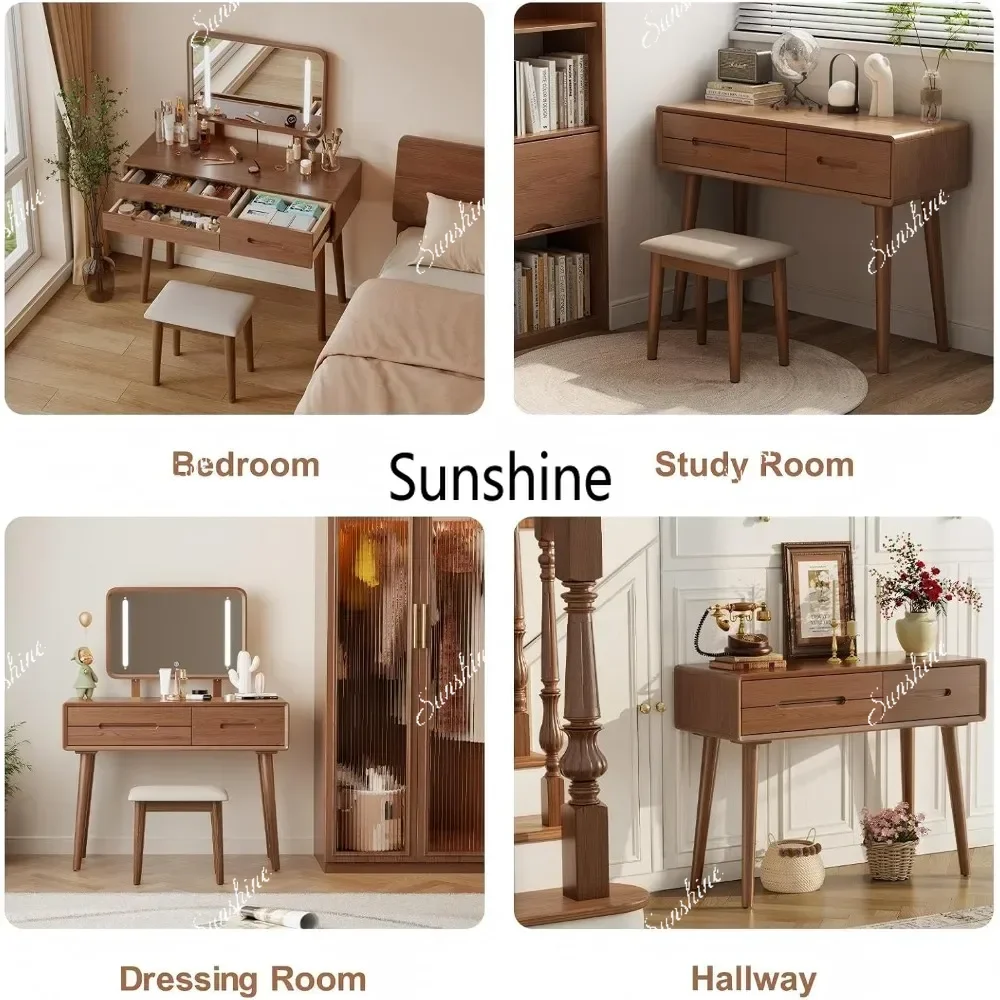 Solid Wood Makeup Vanity Desk with Mirror Lights Adjustable Height Brightness Dressing Table 3 Drawers Semi Assembled