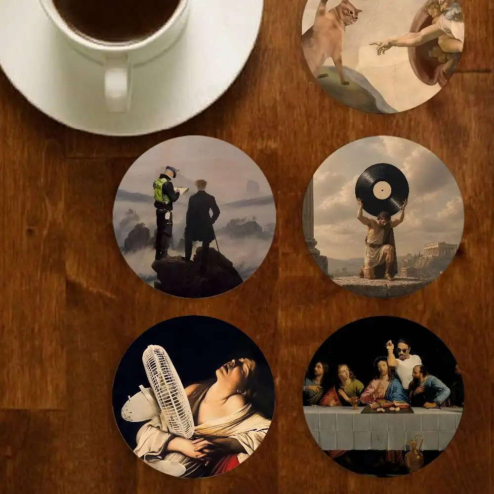 Humorous Famous Paintings Wood Coaster Mug Tea Coffee Cup Pad Heat Resistant Placemats Tableware Decor