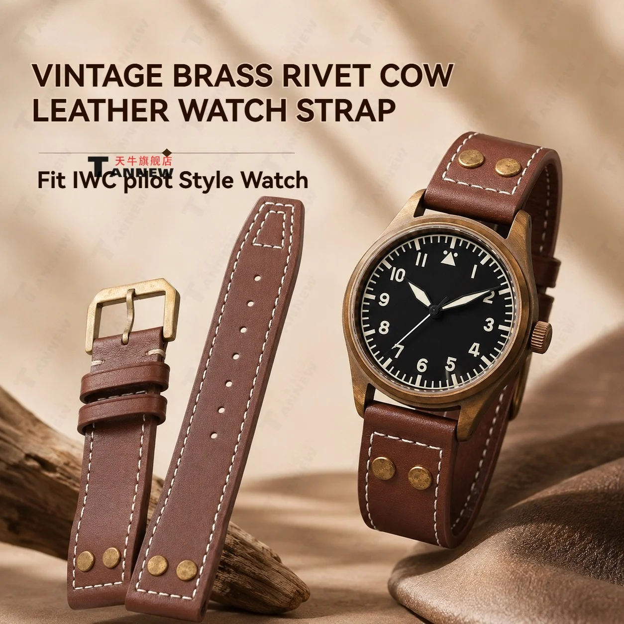 For IWC Pilot Spitfire Big Pilot 20/21/22mm Leather Strap, Bronze Rivet Vintage Genuine Watch Band
