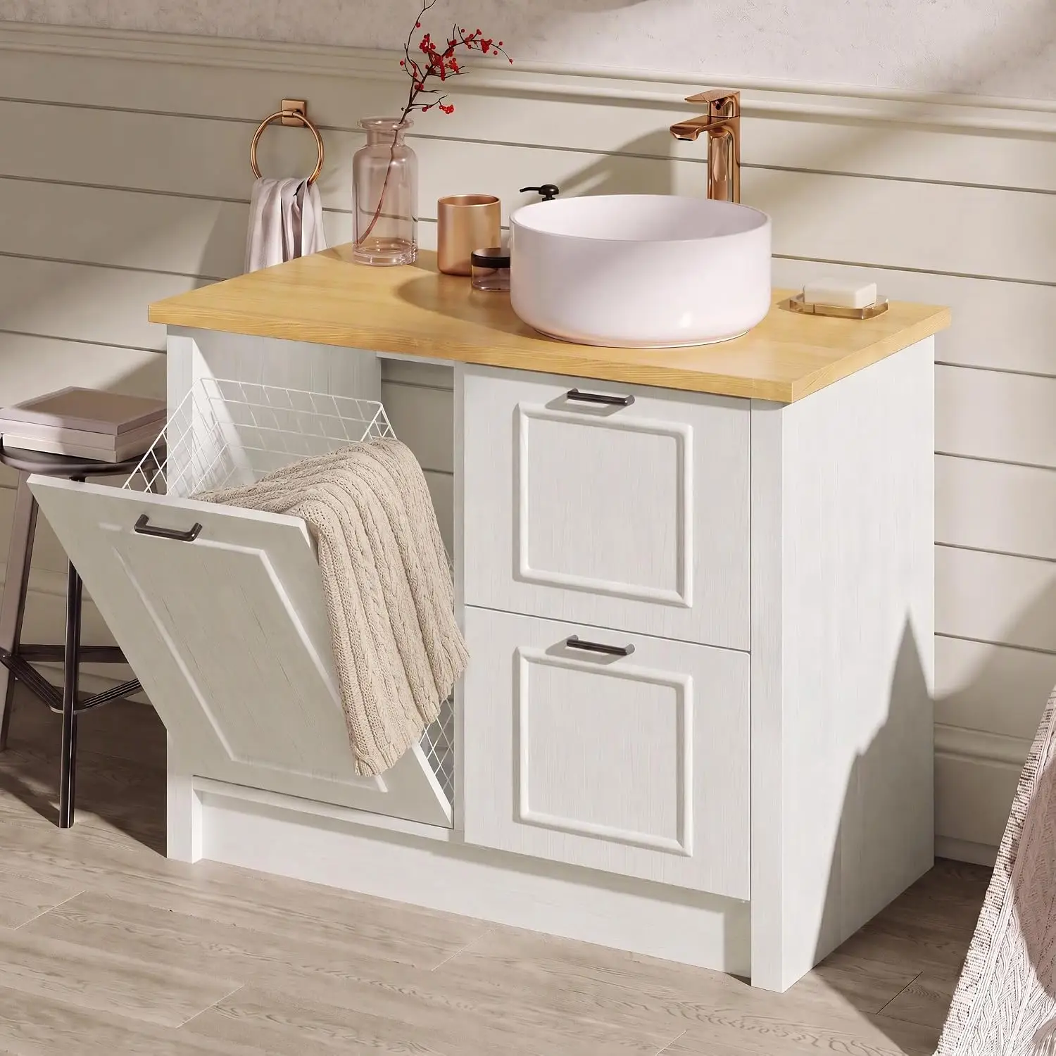 31 Inch Bathroom Vanity with Sink, 2 Drawers and 1 Laundry Hamper, White, Customized