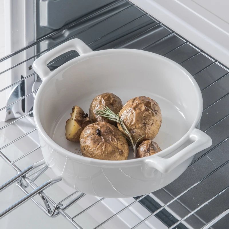 Nordic Pure White Minimalist Double Ear Soup Bowl Large Ceramic Salad Fruit Oven Safe Dish