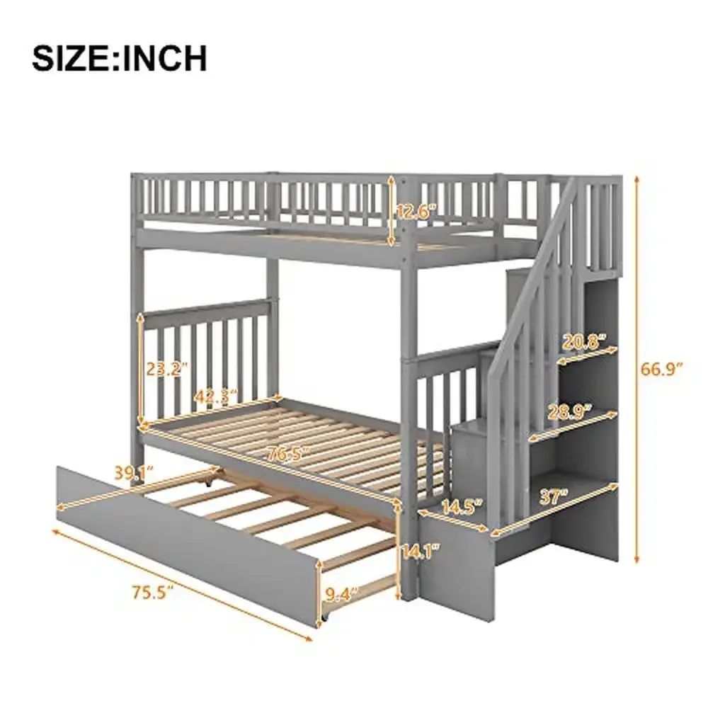 Twin Over Twin Bunk Beds with Trundle Storage Shelf Stairway Modern Design Sturdy Built Pine Wood MDF Board Grey Finish For