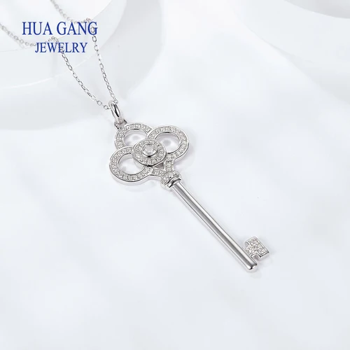 패션 925 스털링 실버 키 모양 펜던트 모이사나이트 목걸이 쇄골 체인, 여성 웨딩 패션 쥬얼리