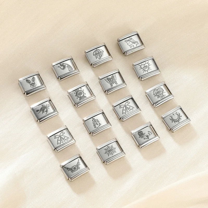 Hot Laser Engraving Moon Butterfly Flower Bow Rabbit DIY Charms 304 Stainless Steel Italian Links Fit 9mm Bracelets Hand-Making