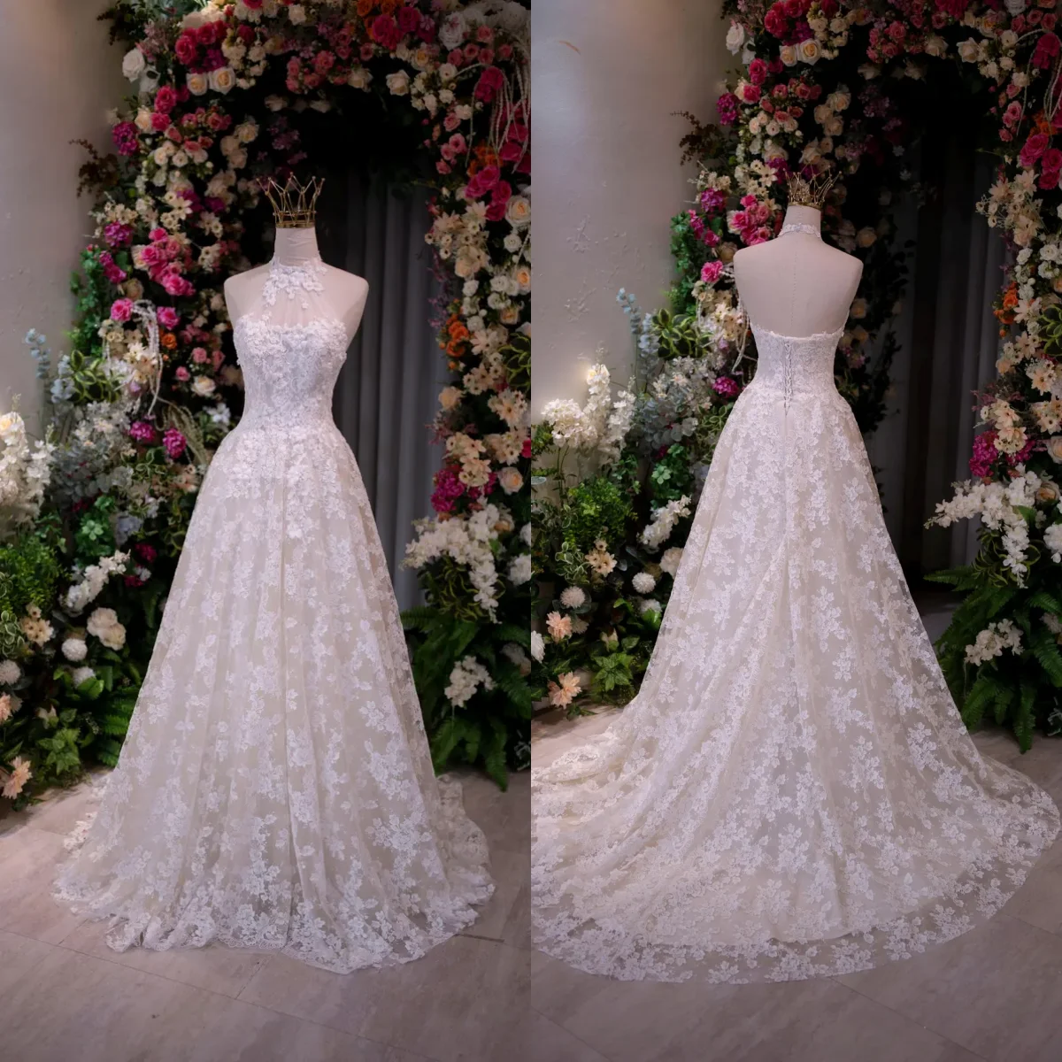 

Элегантное свадебное платье-бал с кружевом и цветочными аппликациями, с вырезом халтер, со шлейфом, Vestido De Novia