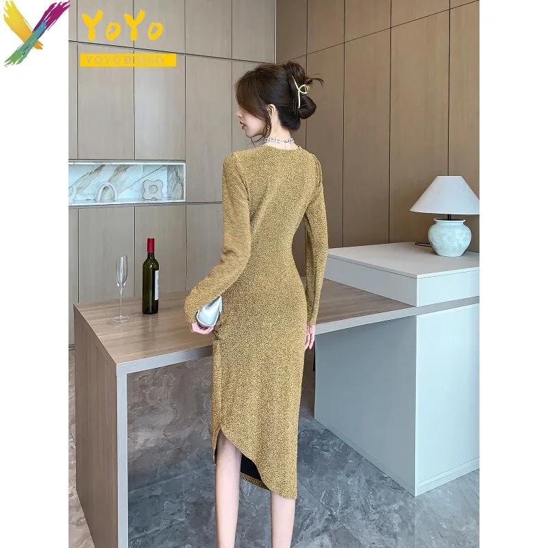 Formal Gold V-Neck Korean Simple Dress Women's Office 2023 Autumn/Winter Fashion Elegant Slim Bodycon Party Dress