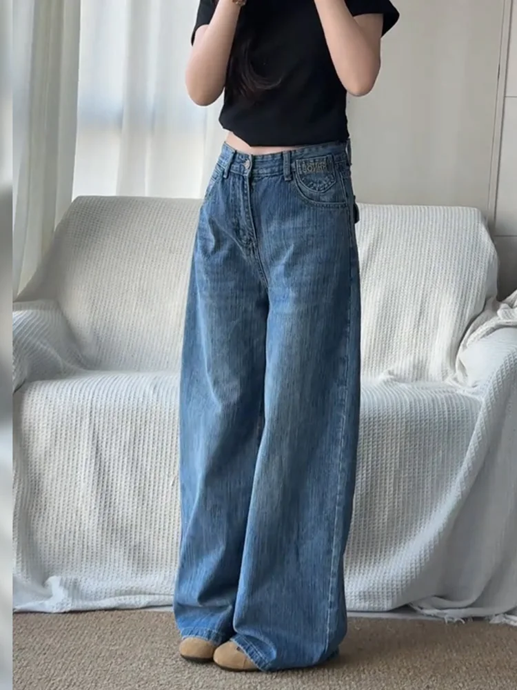 Retro American Street Style Women's Jeans Adjustable Buckle Bamboo Node Loose Wide Leg Floor-Length Pants Summer Fashion