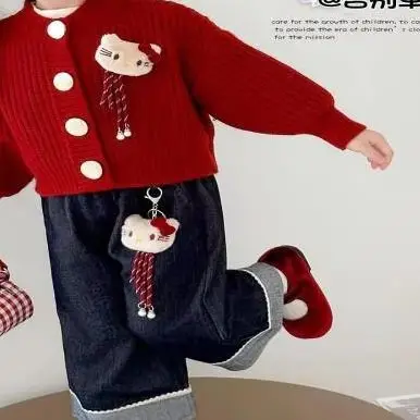 

Sanrio Hello Kitty Western Style Autumn Set Girls' Spring Three-Piece Set Cardigan Top Kawaii Y2K Anime Children's Clothing Coat