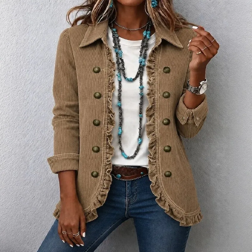 Ruffle Coat Turn Down Collar Regular Length Casual Style with Fresh Sweet Style Shawl Collar Jacket Women Autumn Ruffle Jacket
