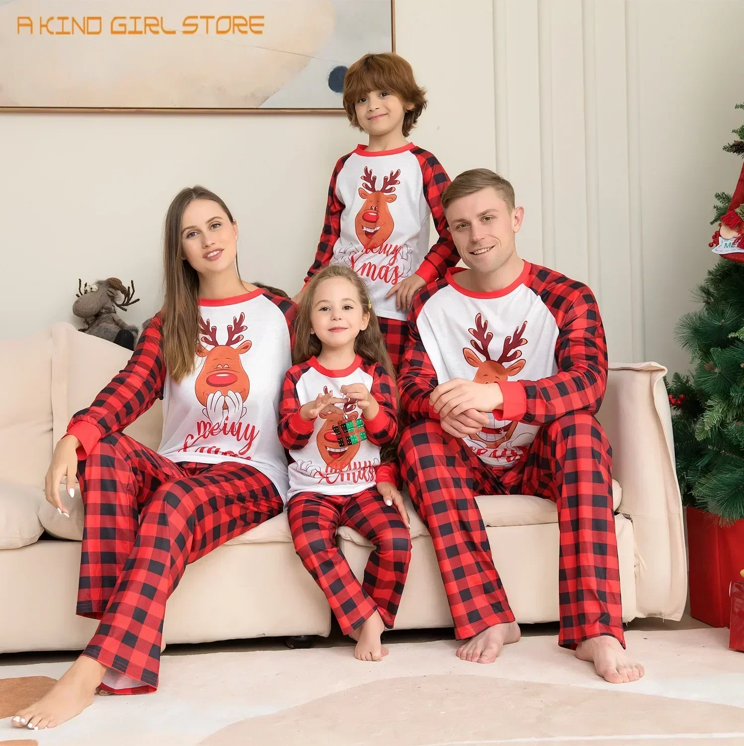 Cartoon Deer Printed Plaid Couples Xmas Pjs Mommy Daughter Christmas Pajamas Set Matching Family Mother Father Long Sleeve 2024