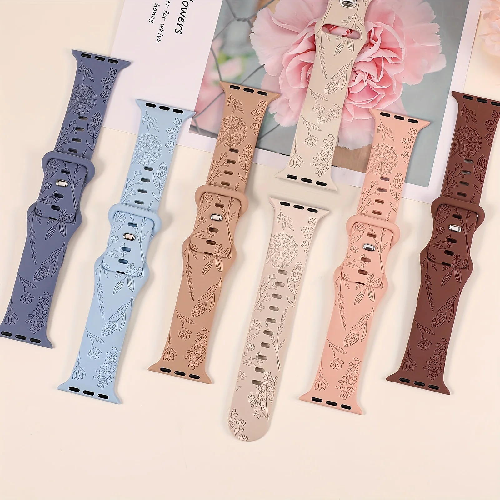 

Floral Engraved Straps For Apple Watch Bands 38/40/41/42/44/45/46/49mm Silicone Band iWatch Series 10 SE 9 8 7 6 5 4 3 Ultra 2