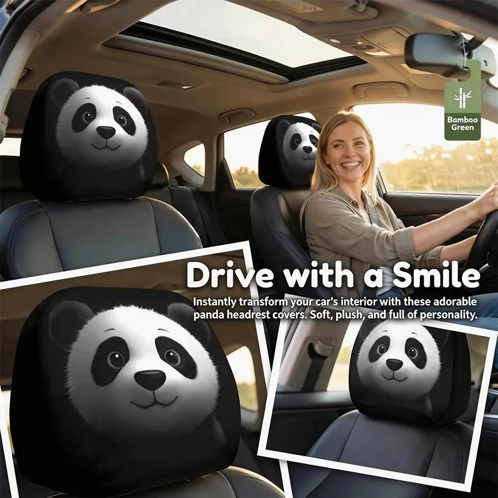 2PCS Cute Realistic Panda Print Car Headrest Covers, Soft Elastic Universal Car Seat Head Rest Protectors