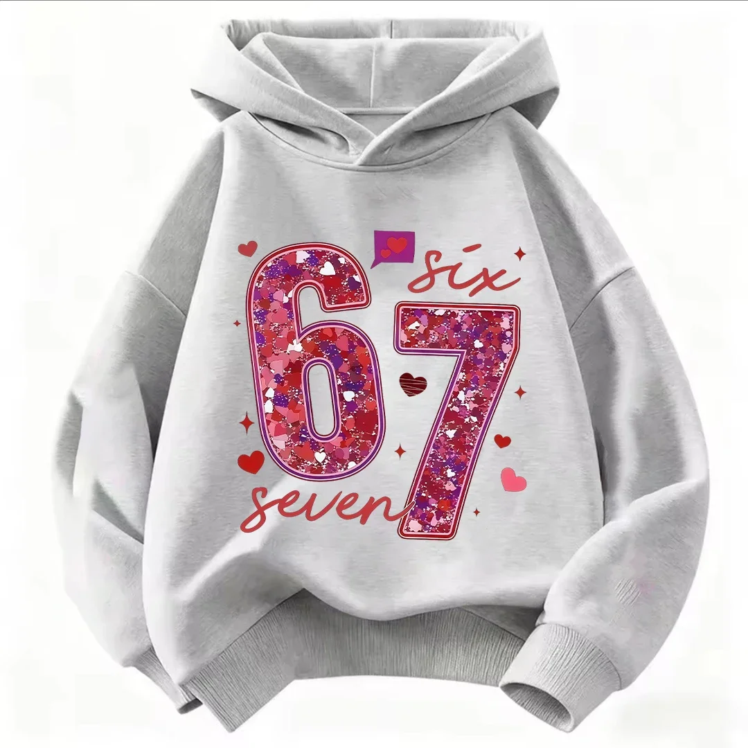 Kinder-Kapuzenpullover mit Glitzer, Nummer 67, Sechs, Sieben, Herz-Print, Langarm-Pullover, Sweatshirt für Mädchen, Lässige Herbst-Oberbekleidung – Detail 7