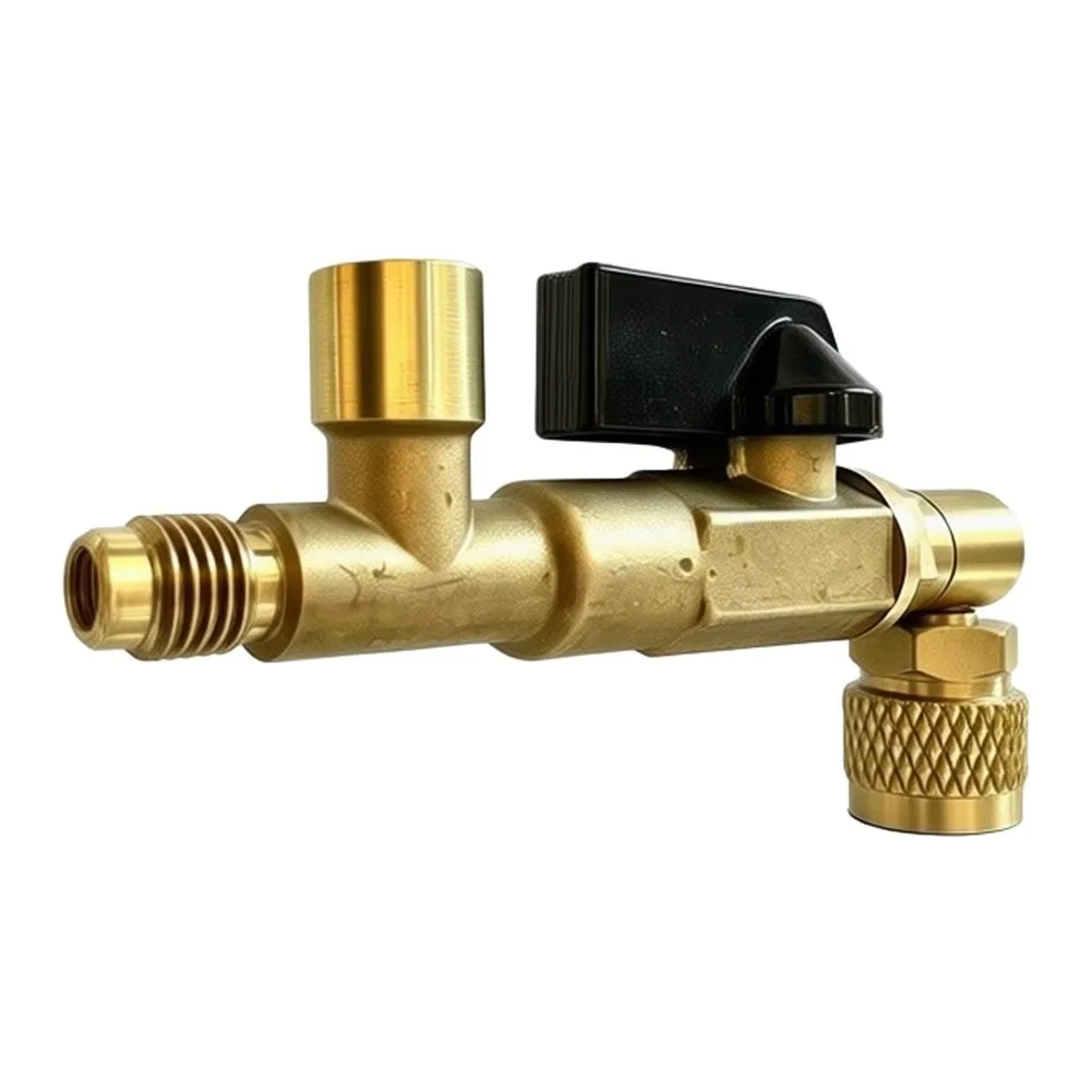 Three Way Brass Ball Valve Set for Refrigerant For Service with Gauge Adapter and Connector for HVAC Maintenance