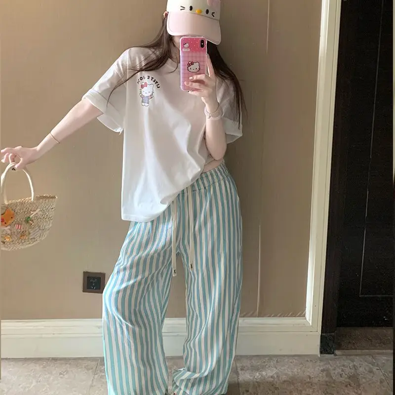 

2 шт. Sanrio, летняя свободная домашняя одежда «Hello Kitty», удобные пижамы Kawaii, женские новые брюки с короткими рукавами, милый комплект с героями мультфильмов