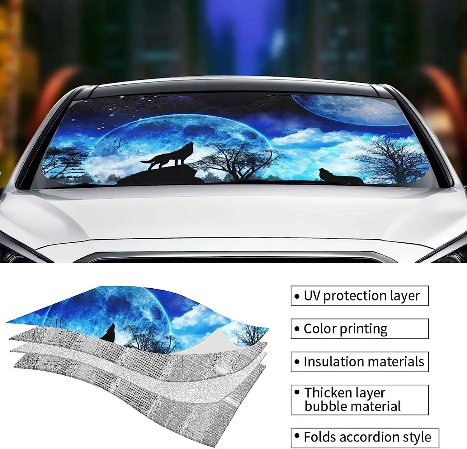 Night Wolf Sunshade for Car Windshield for Women Men Blocks UV Rays Sun Visor Protector Sun Shade Cover 51x27.5 Inches