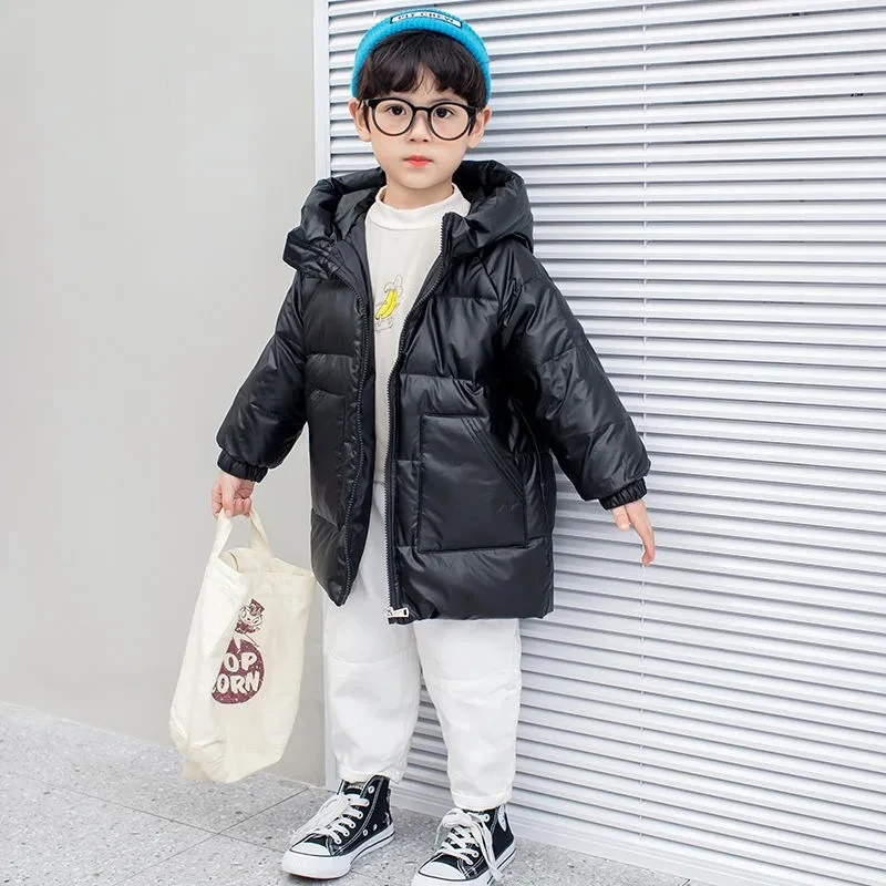 

Children's Down Jacket Autumn Winter Warm Mid-length Down Coat Boys Girls Hooded Outerwear Casual Style White Duck Down Duvet