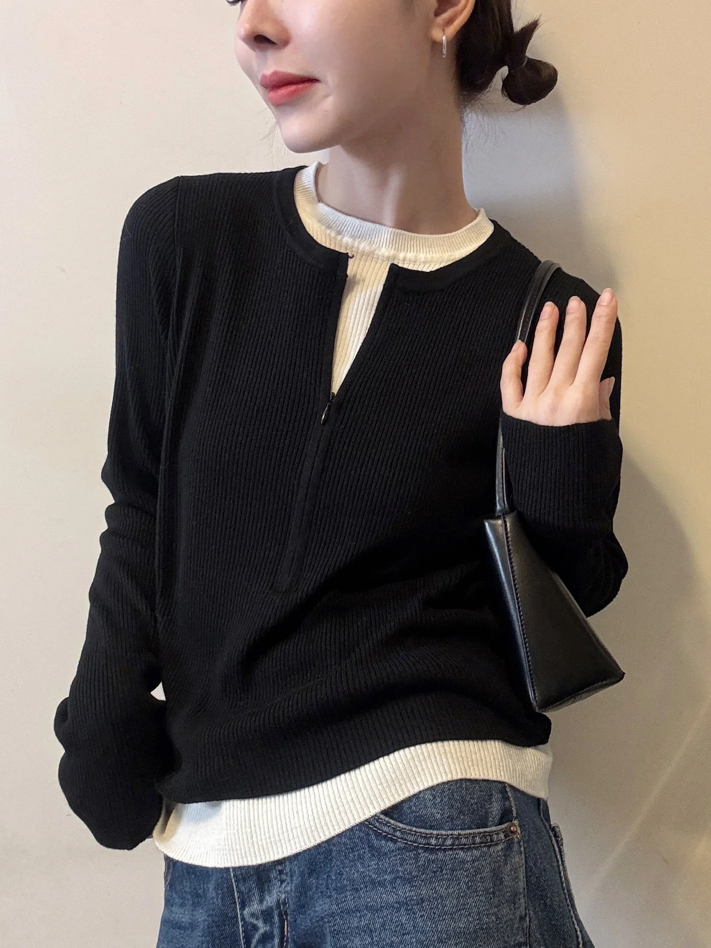 

Трикотажный длинный свек с эффектом похудения, лоскутный цвет, Blo Base irt Design, зимний топ для поездок на работу, корейский топ прямого кроя