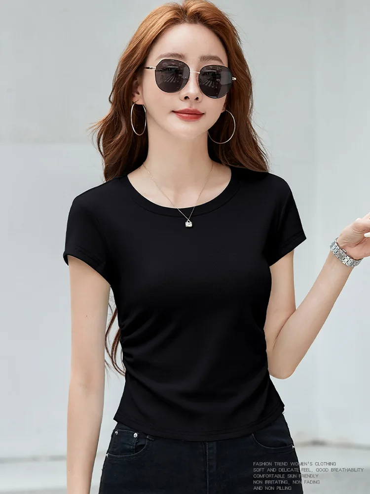 New Women Basic Short T-shirt Summer Fashion O-Neck Short Sleeve Folds Slim Waist Tees Casual Simplicity Solid Color T-shirt