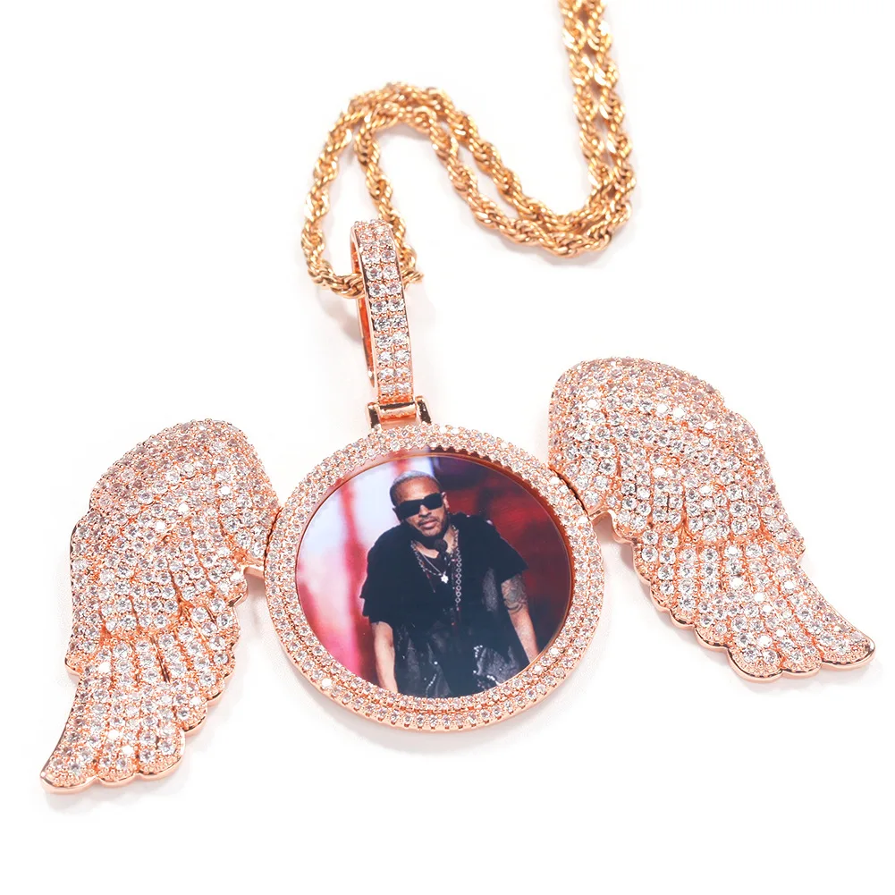 Angel Wings Large Photo Frame Pendant Full Of Zircon Jewelry Hip-Hop Necklace Jewelry