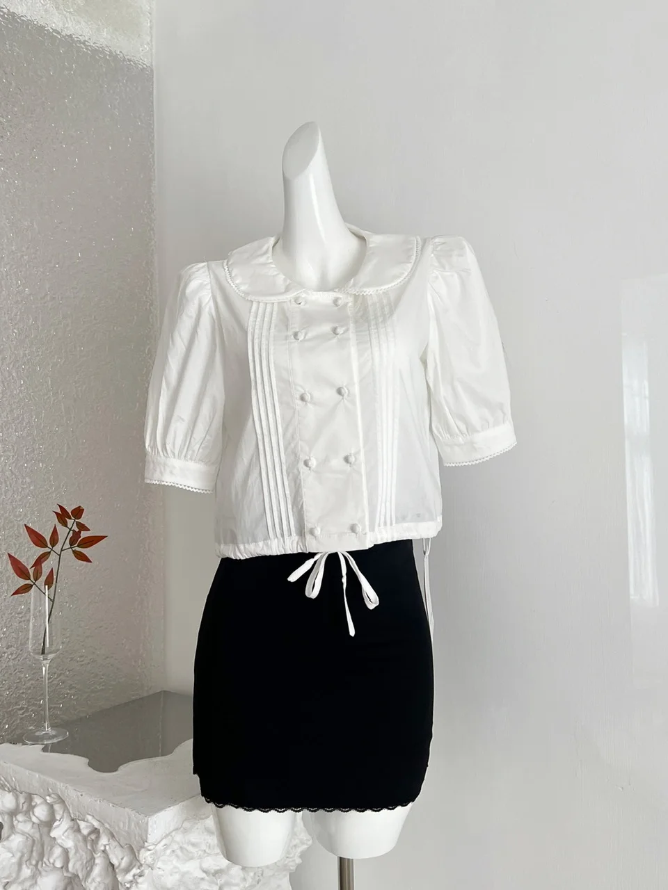 

White Ruffle Collar Bubble Sleeve Women's Shirt Cotton Polyester Blend Straight Cut Floral Lace Design Summer Casual Top