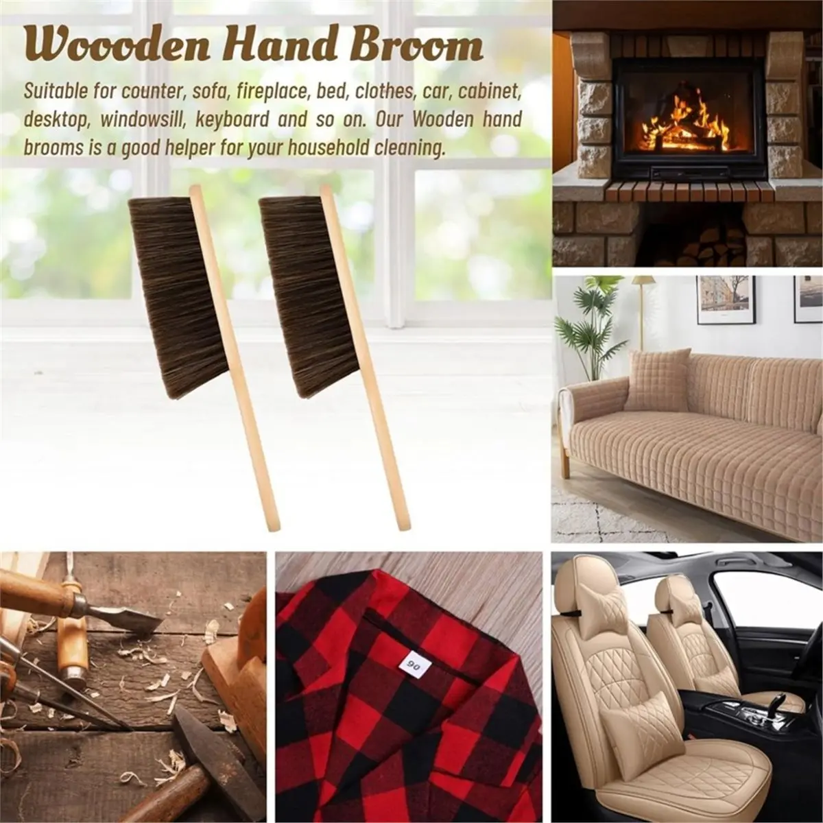 SALE AA63 2 Pieces Wooden Bench Brushes Fireplace Brush Natural Fiber Bench Soft Bristles Long Wood Handle Dust for Hearth Tidy