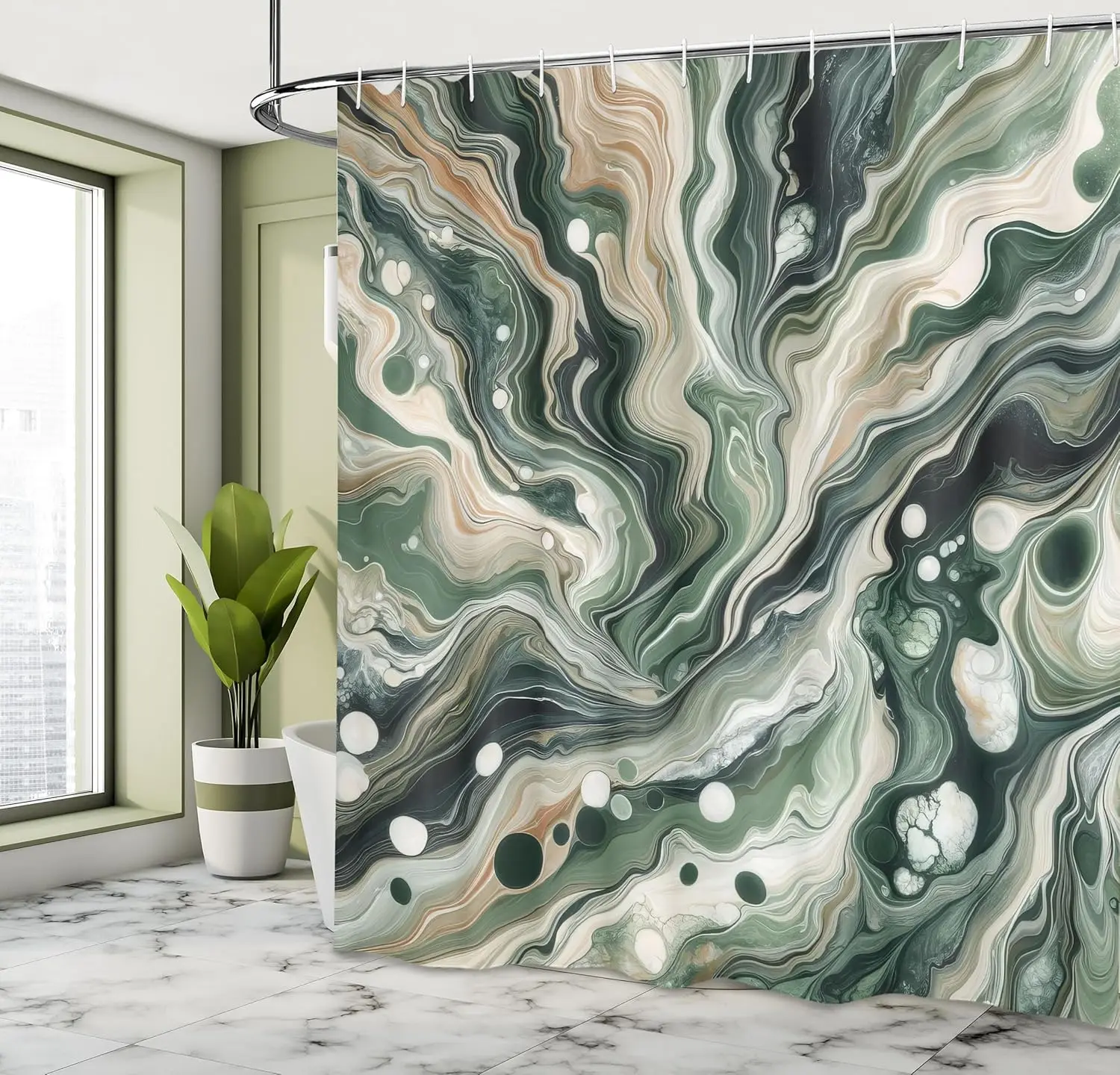 

Оливково-зеленая занавеска для душа, современные абстрактные закручивающиеся линии и мраморный принт с круглыми деталями, тканевая ванная комната