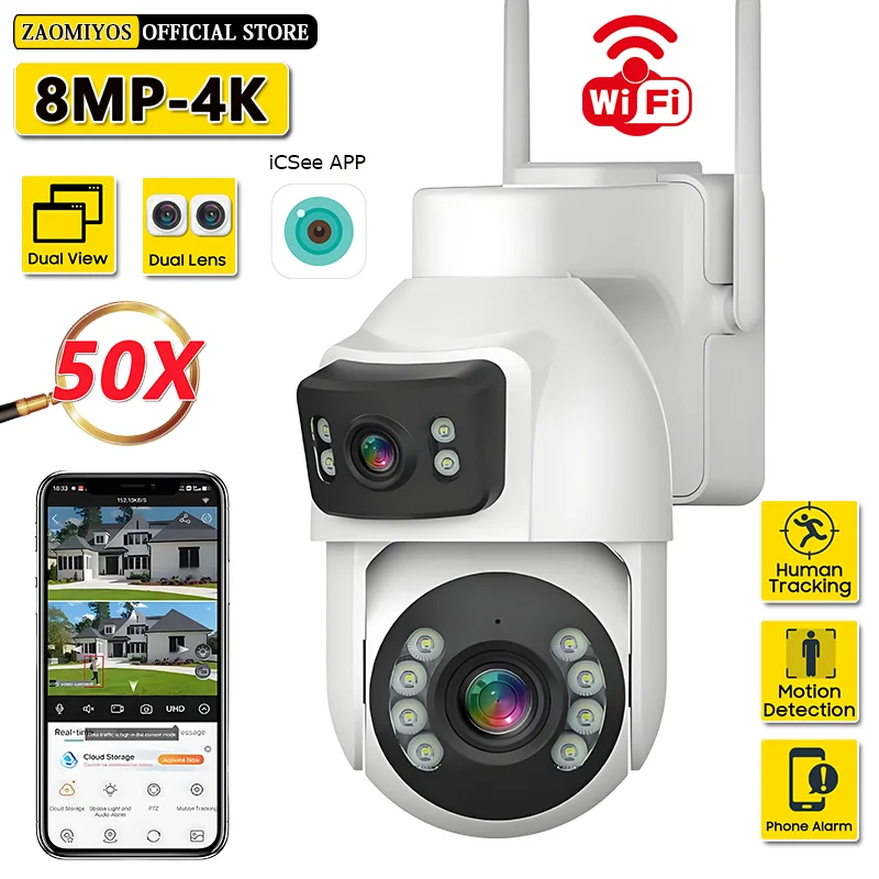 

ICsee 50X ZOOM Surveillance Camera Wifi 8MP Dual Lens Outdoor Smart Human Tracking Security Protection Night Vision CCTV IP Cams