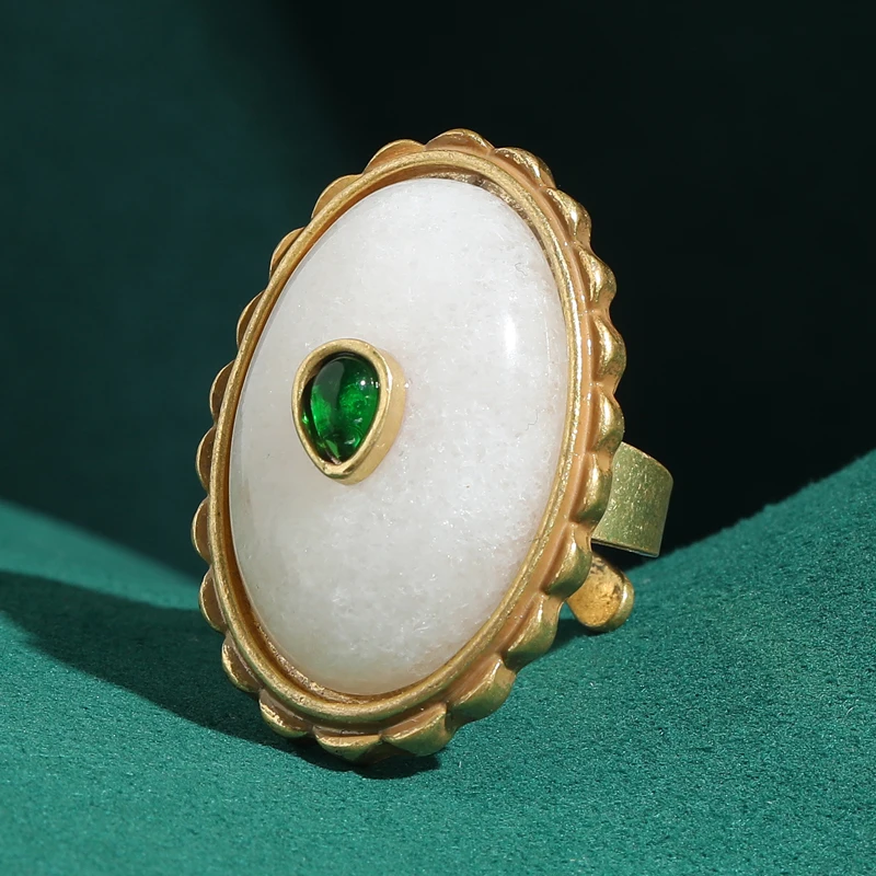 

Vintage Large White Jade Oval Rings Green Glaze Inlay Jewelry Antique Chinese Traditional Gold Plated Luxury For Women Gifts New