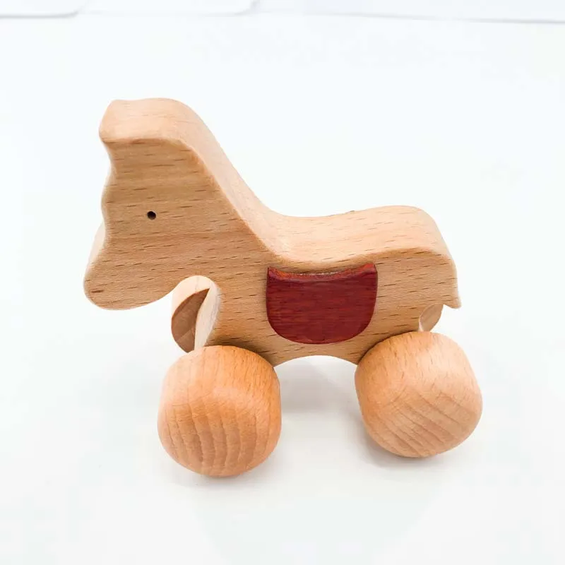 1Pcs Animal Shaped Car Puppy Pony Wooden Pushcart  Wooden Handmade Trolley Montessori Hand-brain Coordination Toys Baby Gift
