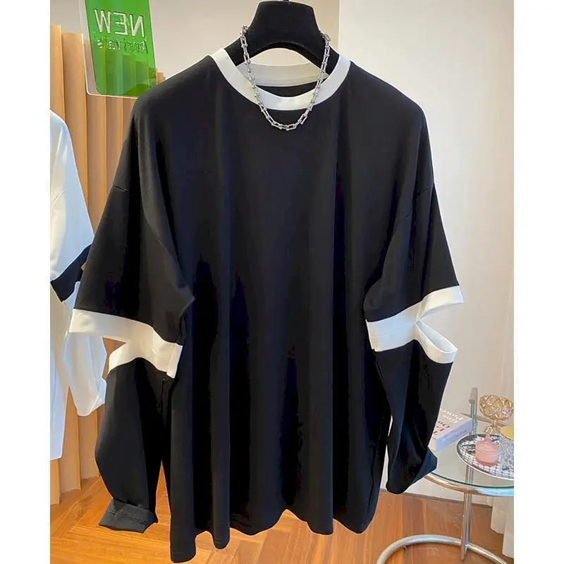 O-neck T-shirts for Women 2026 Summer Color Blocking Patchwork Oversized Tops Casual Long Sleeve Slimming Harajuku Women Clothes