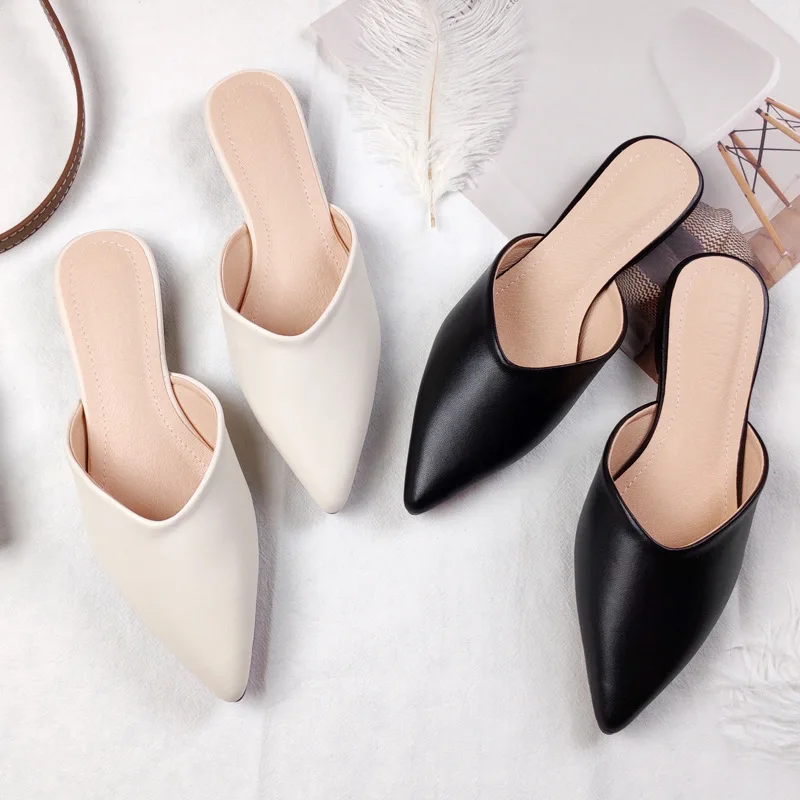 Cubiertas de punta plana de verano para mujer, medias zapatillas con puntera, sandalias de cuero puntiagudas, zapatos sin cordones estilo M ü ller