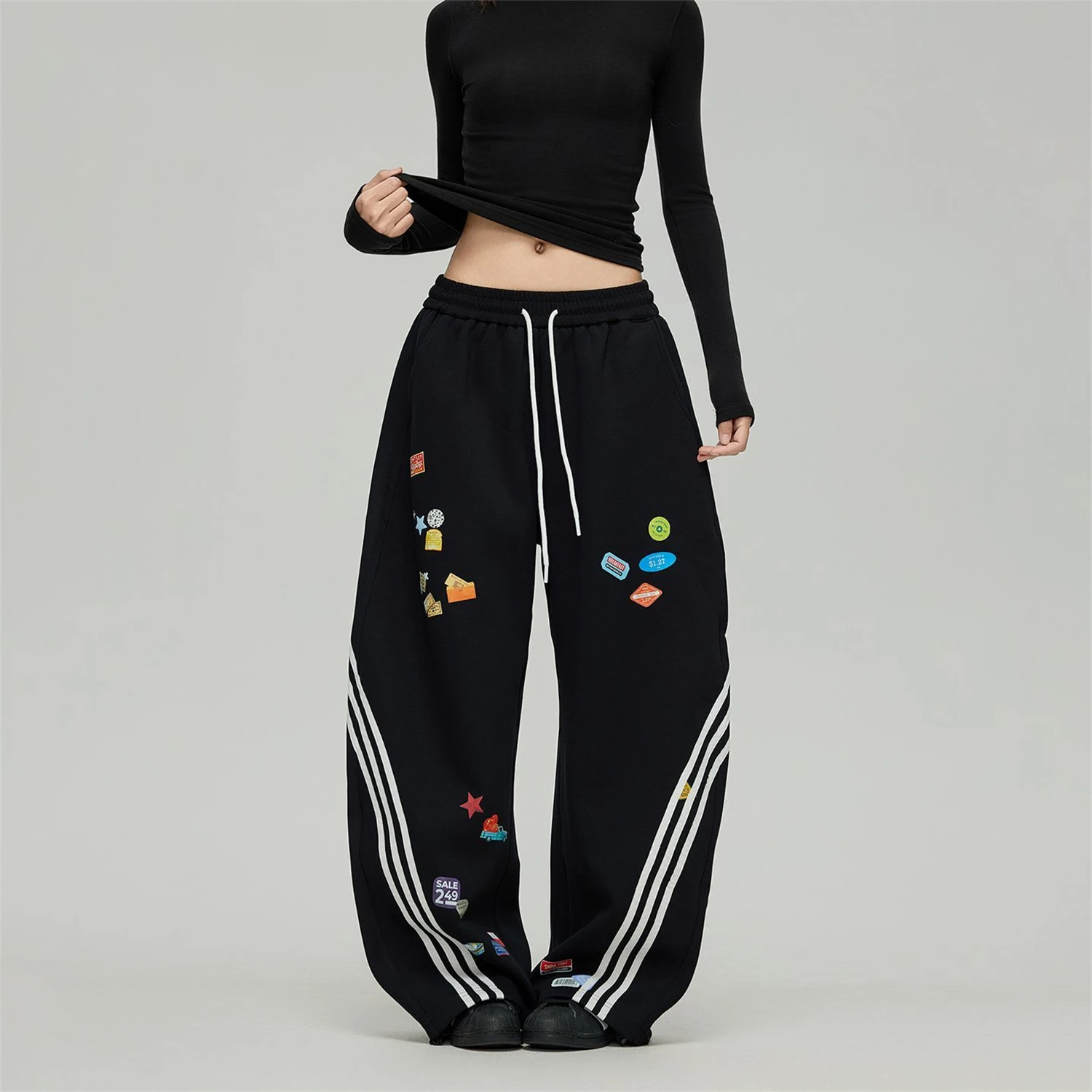 Women's High Waist Wide Leg Sweatpants Black Side Striped Cartoon Sticker Print Loose Casual Streetwear Trousers With Drawstring