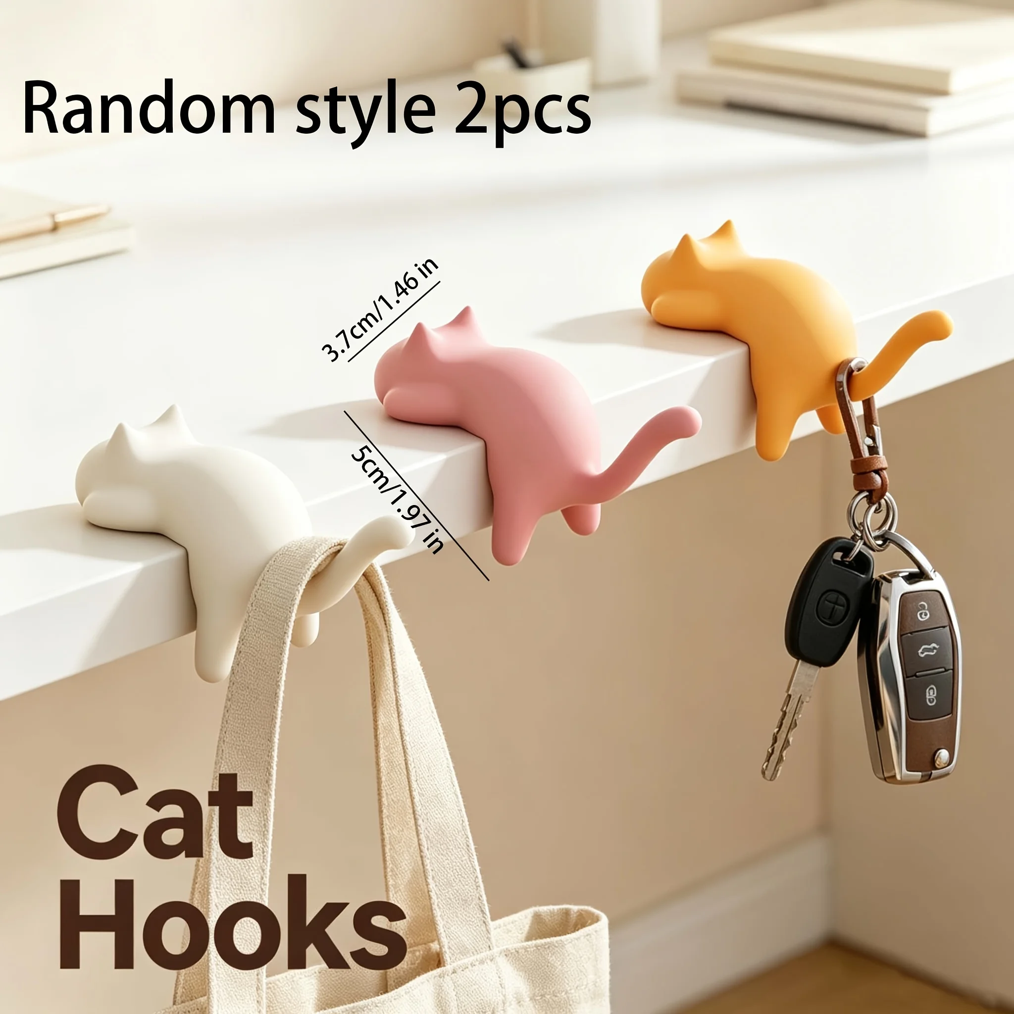 2 Random Desk-Side No-Drill Bag Hooks, Traceless Hooks for Desk Sides, Cat-Shaped Bag Hangers