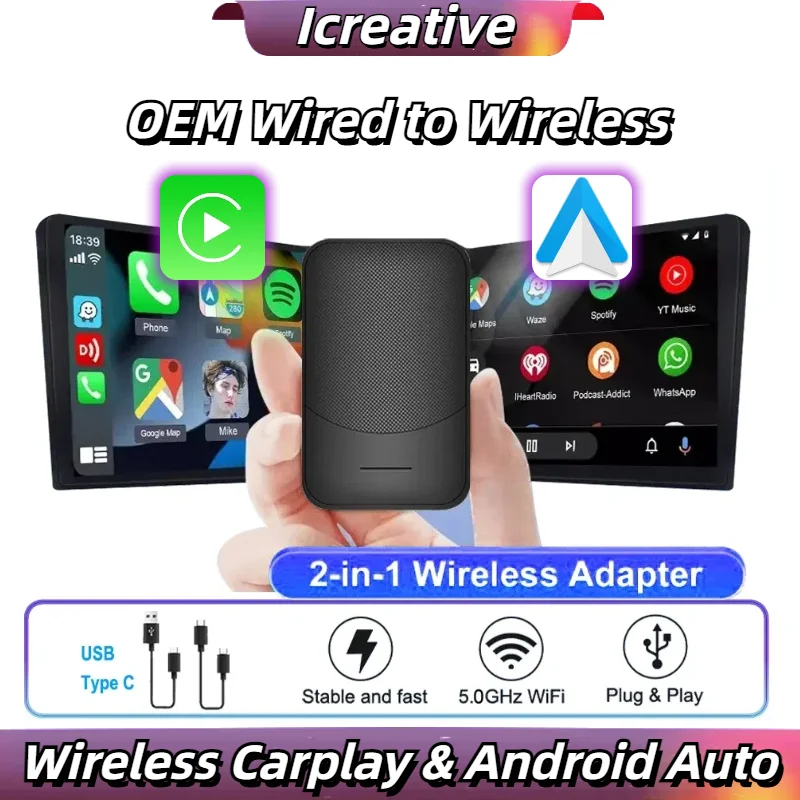 

2 in 1 Wireless CarPlay Adapter & Android Auto Wireless Adapter, Plug and Play for OEM Original Car Wired To Wireless Smart Box