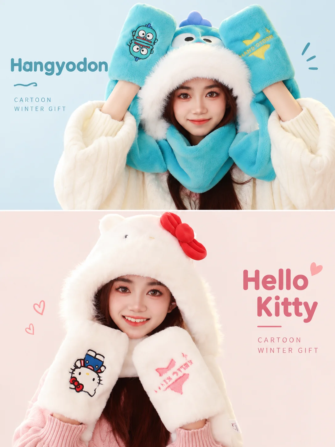 Sanrio Autumn Winter Thick Furry Warm 3-In-One Hat Scarf Glove Set Outdoor Cold Weather Halloween Cosplay Warm Costume Accessory - view 5